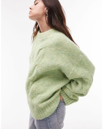 TOPSHOP Knit Fluffy Cable Front Two Tone Sweater - Green
