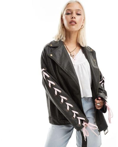 Labelrail X Daisy Birchall Ribbon Sleeve Distressed Faux Leather Jacket - Black