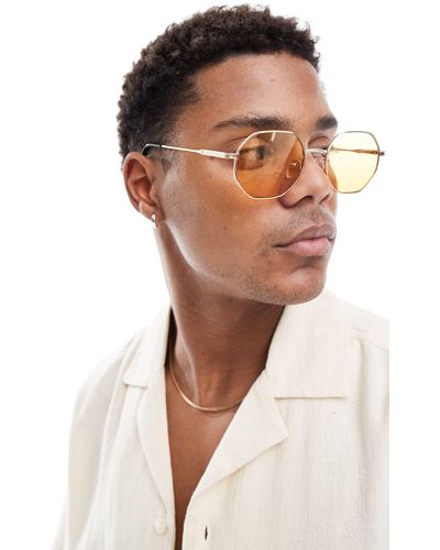 Bershka Hexagon Frame Sunglasses With Yellow Lense - White