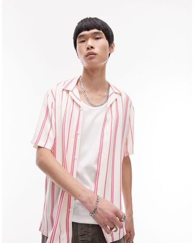 TOPMAN Short Sleeve Regular Fit Striped Revere Shirt - Pink