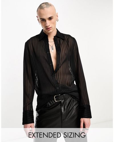 ASOS Doorschijnend Gestreept Overhemd Met Jaren 70 Kraag - Zwart