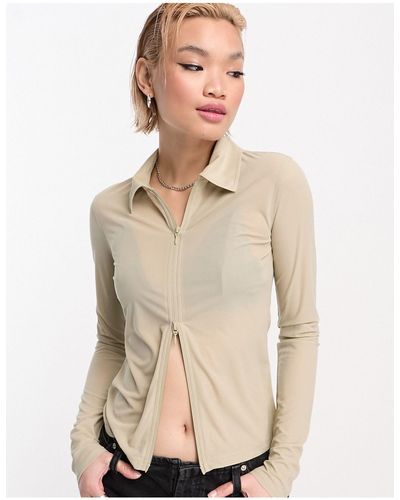 Weekday Studio - camicia trasparente beige con zip - Bianco