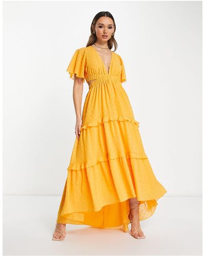 ASOS Angel Sleeve Plunge Textured Tiered Maxi Dress With Cut Out And Rouleaux Detail - Yellow