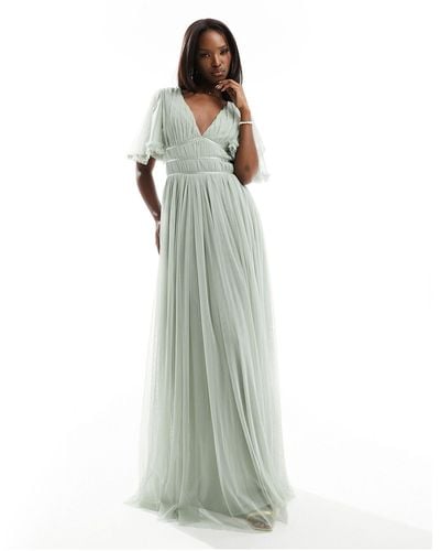 Beauut Bridesmaid Tulle Maxi Dress With Flutter Sleeve - White