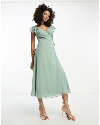 Vila Bridesmaid Wrap Full Skirt Maxi Dress With Flutter Sleeves - Green