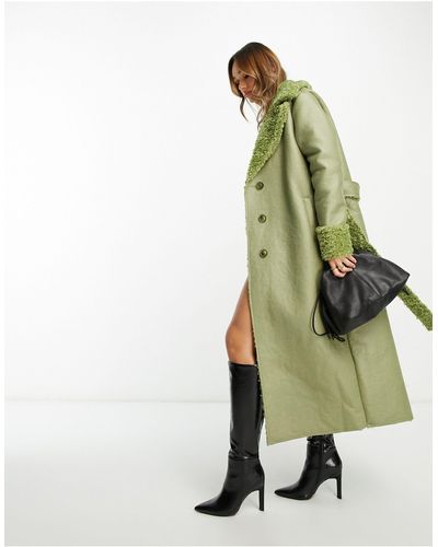 NA-KD X Moa Mattsson Belted Trench Coat With Faux Fur - Green