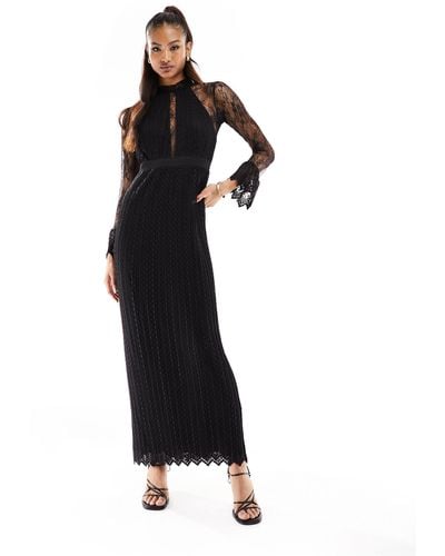 TFNC London Pleated Lace Maxi Dress With Scallop And Lace Details - Black