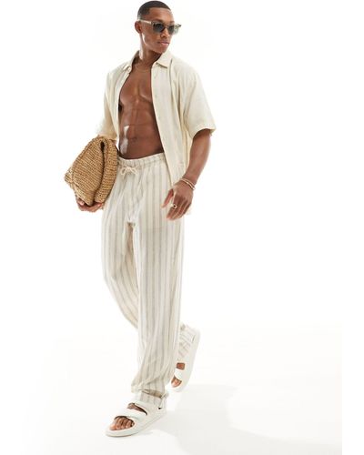 ASOS Pantalon décontracté en lin à taille élastiquée et rayures texturées - Blanc