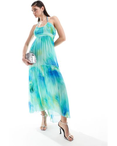 Mango Halterneck Printed Midi Dress - Blue