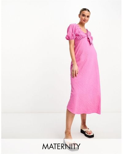 Influence Maternity Tie Front Textured Midi Dress - Pink