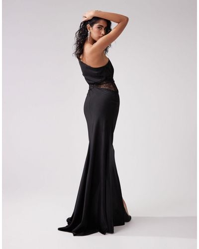 ASOS Satin One Shoulder Lace Waist Detail Maxi Dress With Soft Train - Black
