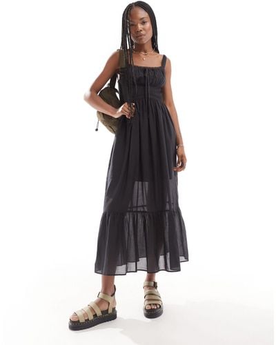 ASOS Midi Prairie Sundress With Lace Trim And Ruching Detail - Black