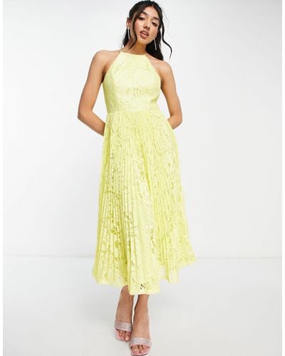 ASOS Pleated Lace Midi Prom Dress - Yellow