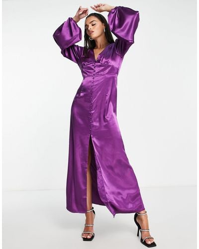 Vila Satin Maxi Dress With Button Front - Purple