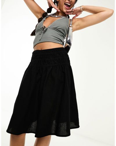 Motel Shirred Waist Y2k Cotton Midi Skirt - Black