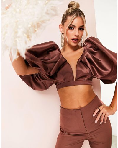 ASOS Co-ord Satin exaggerated Puff Sleeve Plunge Crop Top - Brown