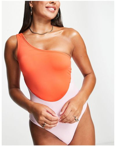 Vero Moda One Shoulder Colourblock Swimsuit - Orange
