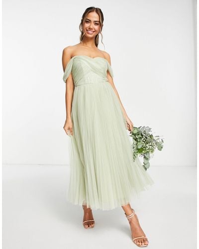 ASOS Bridesmaid Off Shoulder Tulle Midi Dress With Tie Back And Pleated Skirt - Green