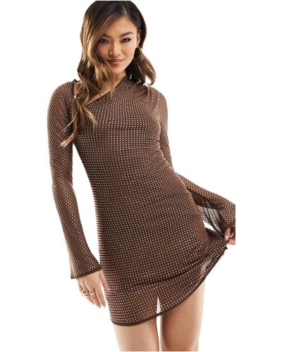 ASOS Hotfix Embellished Mini Dress With Slash Neck Detail - Brown