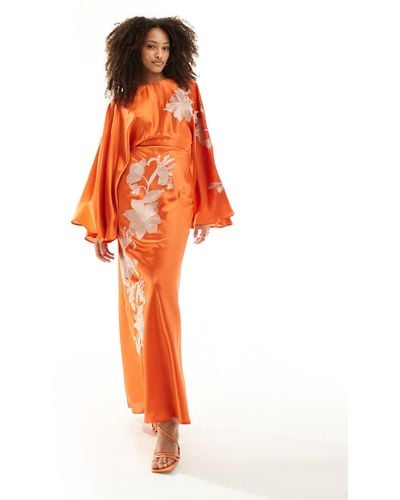 ASOS exaggerated Sleeve Embroidered Satin Bias Cut Maxi Dress - Orange