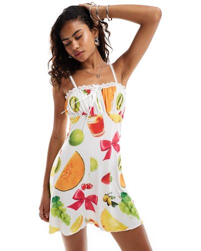 Reclaimed (vintage) Mini Milkmaid Dress With All Over Fruit Print - Multicolour