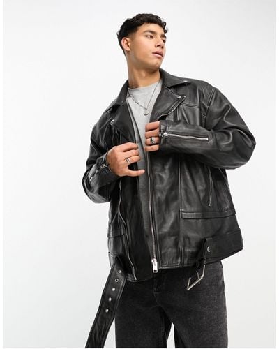 Bolongaro Trevor Oversized Zip Biker Leather Jacket With Belt - Black