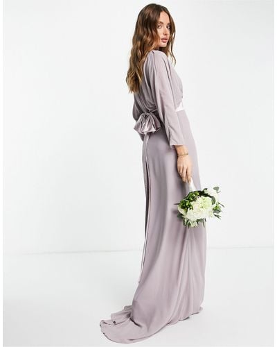 TFNC London Bridesmaid Long Sleeve Maxi Dress With Bow Back - Grey