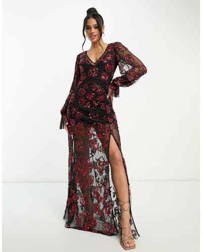 LACE & BEADS Exclusive Long Sleeve Maxi Dress - Red