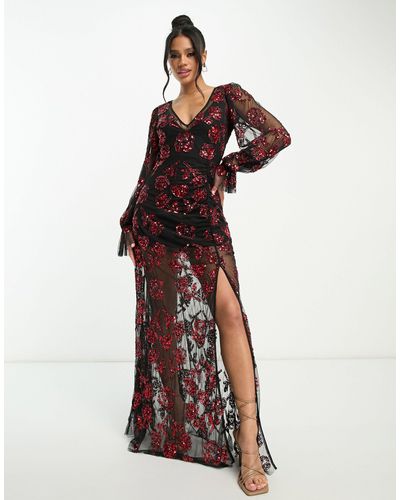 LACE & BEADS Exclusives - Maxi-jurk Met Lange Mouwen En Verschillende Rode Applicaties - Rood