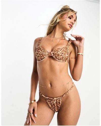 Miss Selfridge – bikinihose mit leopardenmuster und hohem beinausschnitt - Natur