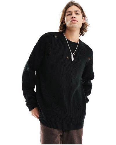 ASOS Oversized Knitted Fisherman Rib Sweater With Ladder Detail - Black