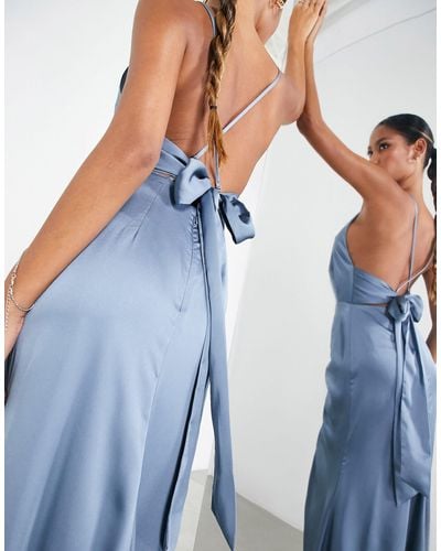 ASOS Bridesmaid Satin Square Neck Maxi Dress With Side Split - Blue