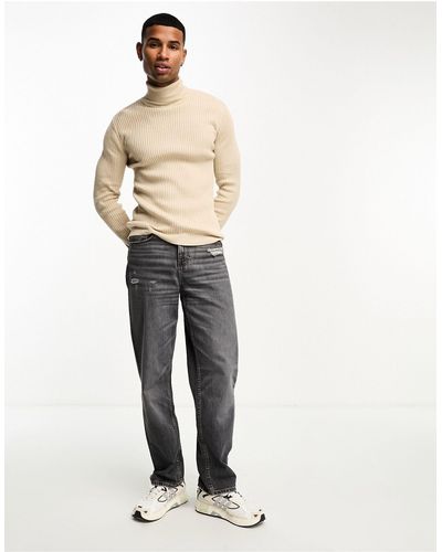 Brave Soul Cotton Ribbed Roll Neck Jumper - Natural