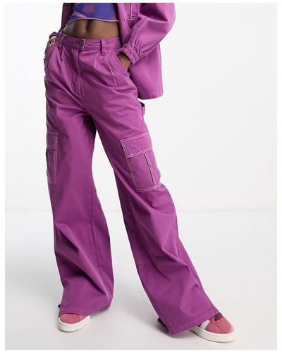 Native Youth Straight Leg Twill Cargo Trousers - Purple