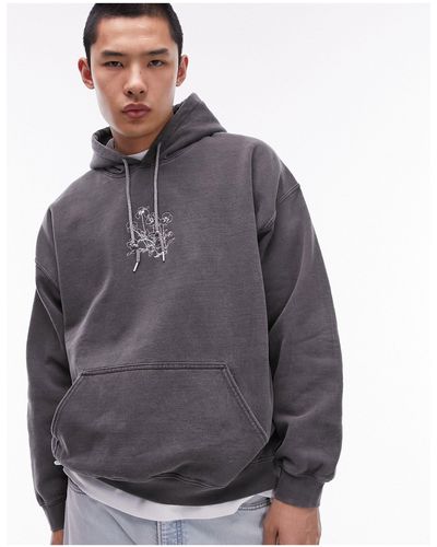 TOPMAN Oversized Hoodie With Pansy Chest Embroidery - Grey