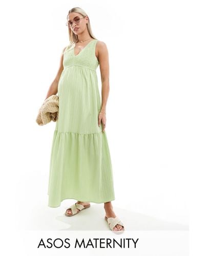 ASOS Asos Design Maternity V-neck Crinkle Midi Sundress With Tiered Skirt - Green