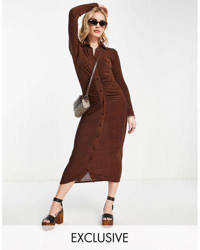 AsYou Textured Slinky Midi Ruched Shirt Dress - Brown