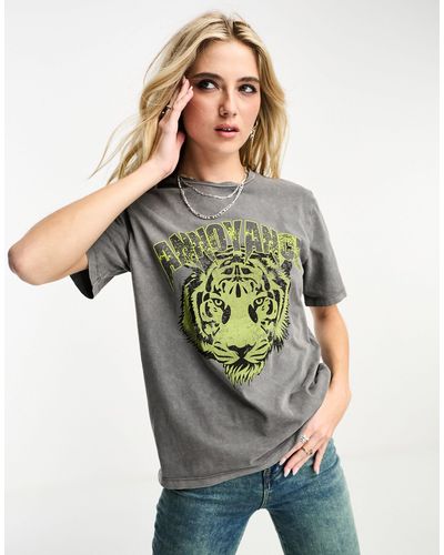 Object T-shirt slavata con stampa di tigre lime sul davanti - Grigio