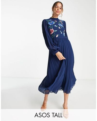 ASOS Asos Design Tall High Neck Pleated Long Sleeve Skater Midi Dress With Embroidery - Blue