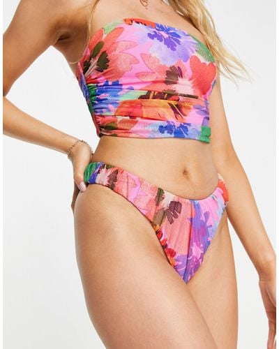 ASOS – bikinihose aus mesh mit raffung, hohem beinausschnitt und abstraktem blumenprint - Mehrfarbig