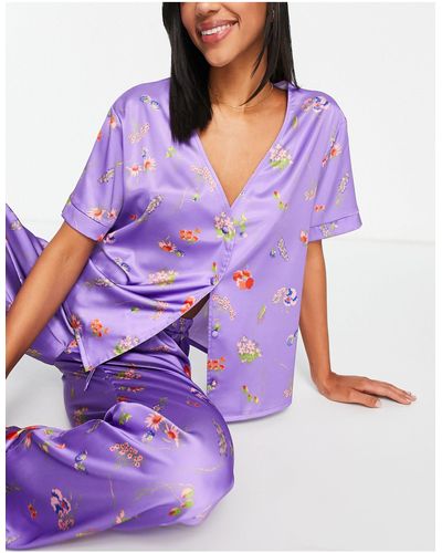 ASOS Mix & Match Satin Floral Collarless Pajama Shirt - Purple
