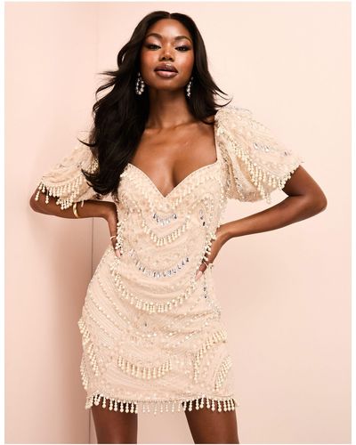 ASOS Encrusted Mini Dress With Puff Sleeves And Faux Pearl Embellishment - Natural