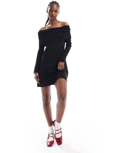 Monki Jersey Mini Dress With Ruche Off Shoulder Detail - Black
