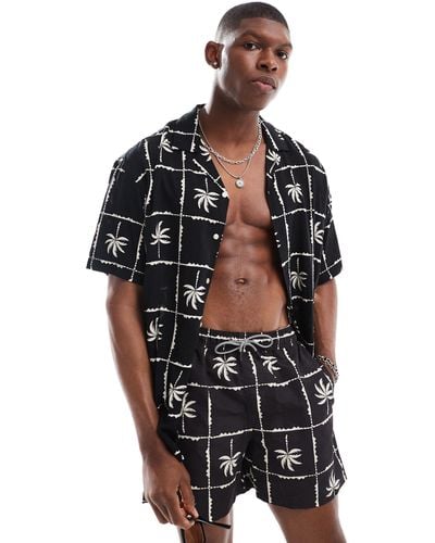 Jack & Jones Revere Collar Palm Grid Print Short Sleeve Shirt Co-ord - Black
