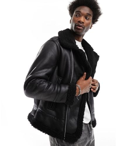 Pull&Bear Faux Leather Aviator Jacket With Shearling Lining - Black