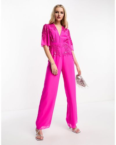 Hope & Ivy Plunge Front Embellished Jumpsuit - Pink
