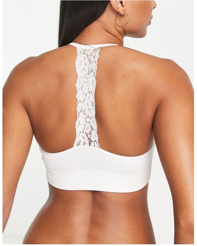 New Look Seamless Lace Back Crop Bra Top - White