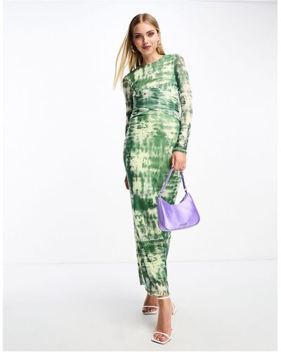 Vero Moda Long Sleeve Abstract Mesh Bodycon Midi Dress - Green