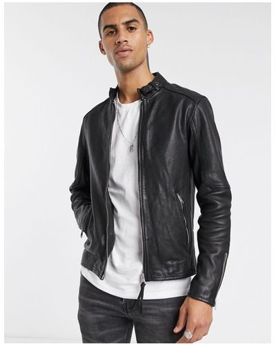 AllSaints Cora Slim Fit Zip Through Leather Jacket - Gray