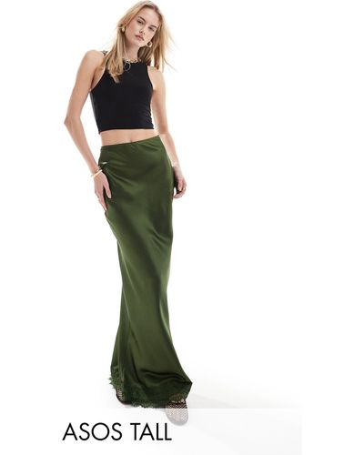 ASOS Asos Design Tall Satin Maxi Skirt With Lace Trim - Green